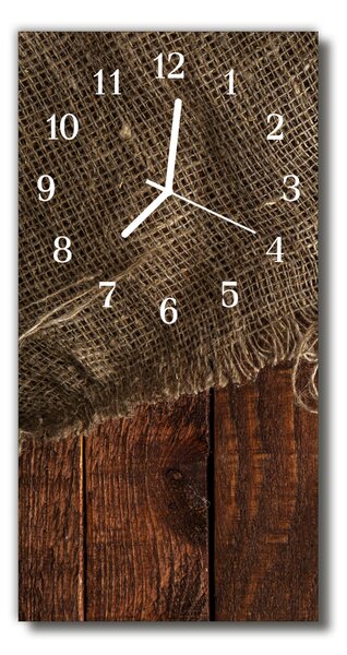 Sklenené hodiny vertikálne Vintage plátno hnedé drevo 30x60 cm
