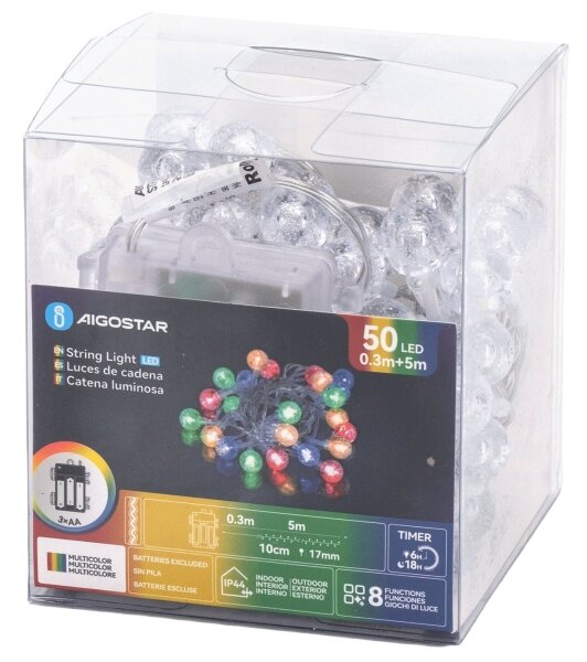 Aigostar - LED vonkajšia vianočná reťaz 50xLED/8 funkcií 3xAA 5,3m IP44 viacfarebná