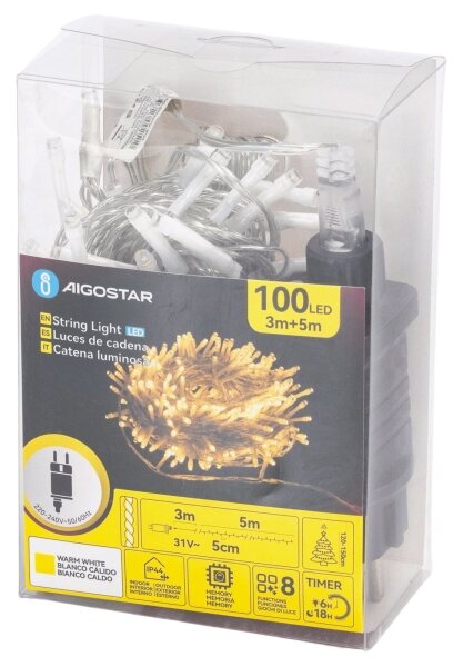 Aigostar - LED vonkajšia vianočná reťaz 100xLED/8 funkcií 5,3m IP44 teplá biela