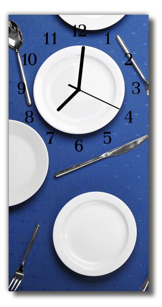 Sklenené hodiny vertikálne Kuchyňa. Modrá kuchynská doska 30x60 cm