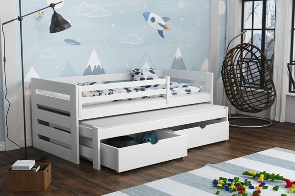 MAXMAX Detská posteľ z masívu borovice JOLANA s prístelkou a šuplíky - 180x80 cm - BIELA