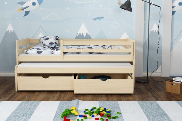 MAXMAX Detská posteľ z masívu borovice JOLANA s prístelkou a šuplíkmi - 200x90 cm - PRÍRODNÁ BOROVICA