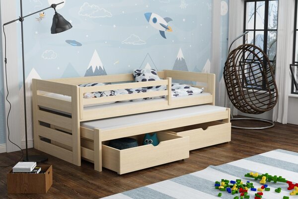 MAXMAX Detská posteľ z masívu borovice JOLANA s prístelkou a šuplíkmi - 200x90 cm - PRÍRODNÁ BOROVICA