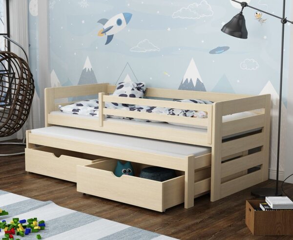 MAXMAX Detská posteľ z masívu borovice JOLANA s prístelkou a šuplíkmi - 200x90 cm - PRÍRODNÁ BOROVICA