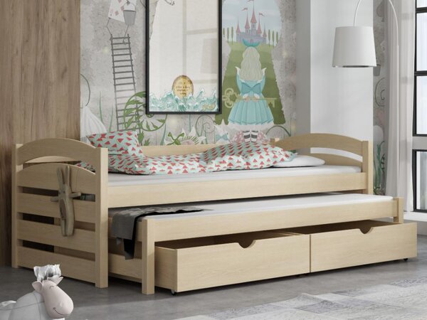 MAXMAX Detská posteľ z masívu borovice MONI s prístelkou a šuplíky - 200x90 cm - PRÍRODNÁ BOROVICA