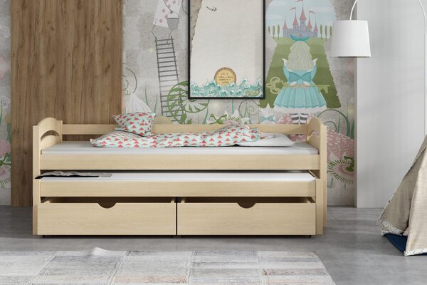MAXMAX Detská posteľ z masívu borovice MONI s prístelkou a šuplíky - 200x90 cm - PRÍRODNÁ BOROVICA