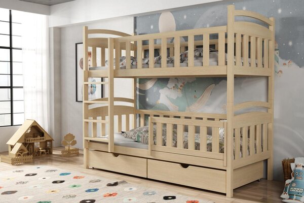MAXMAX Detská poschodová posteľ z masívu borovice KRISTEN so šuplíkmi - 200x90 cm - PRÍRODNÁ BOROVICA
