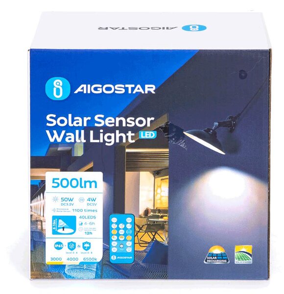 LED solárne senzorové nástenné svietidlo s DO 500lm IP65 (AS-309572)