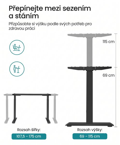 SONGMICS Nastavitelný elektrický rám pracovního stolu Vasagle Edy 120/200 cm černý