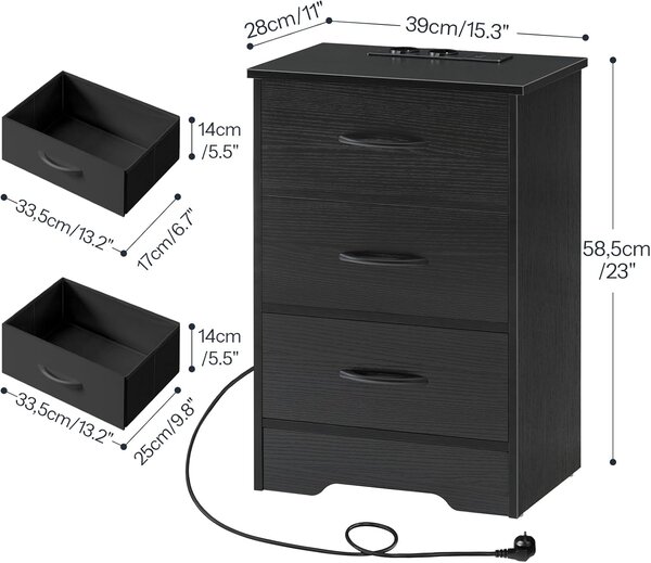 VASAGLE Noční stolek s nabíjecí stanicí Xare 39 cm černý