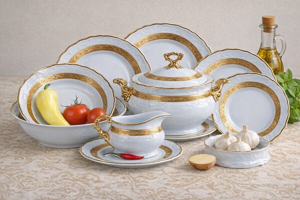 Maria Louise zlatá – luxusná 27-dielna obedová súprava z karlovarského porcelánu (Obedová súprava pre 6 osôb s bohatým zlatým dekorom)