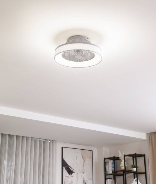 Stropný ventilátor Lindby LED Mace, biely, tichý,, Biela / opálová, Obývacia izba / jedáleň, Plast, Moderný, Závesné svietidlo