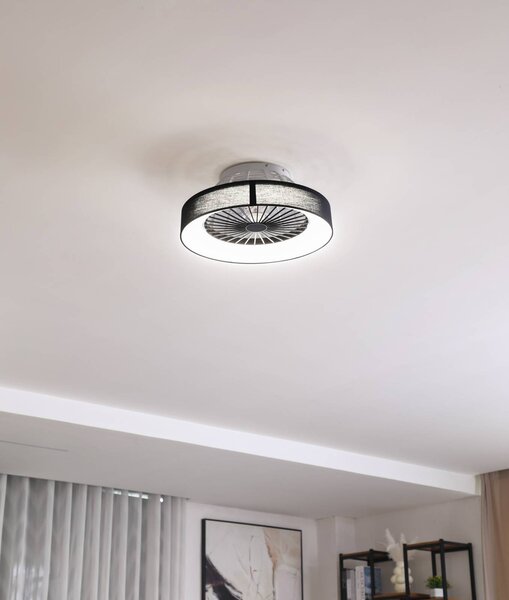 Stropný ventilátor Lindby LED Mace, čierny, tichý, Ø 47 cm, Čierna, Obývacia izba / jedáleň, Plast, Moderný, Závesné svietidlo