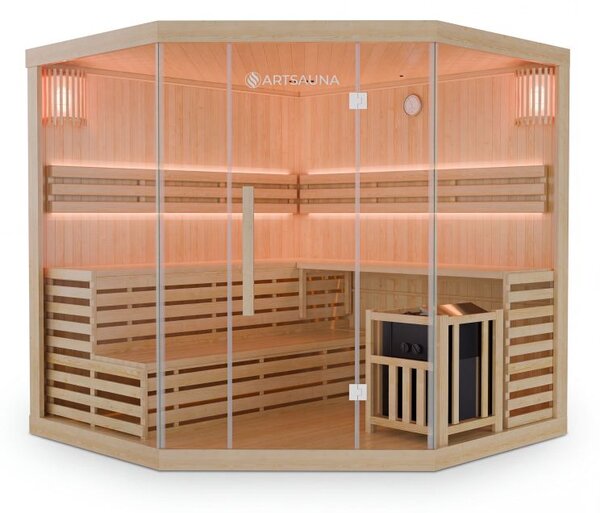 Rohová fínska sauna 200x200 cm 8 kW, LED, bezpečnostné sklo