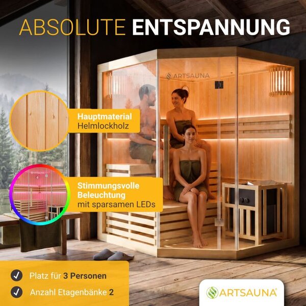 Rohová fínska sauna 150x150 cm 6 kW, LED, bezpečnostné sklo