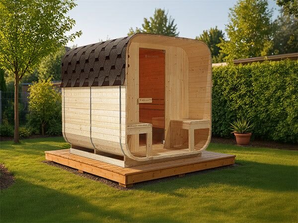 Záhradná sauna cube pre 6 osôb s pecou 8 kW, s posedením