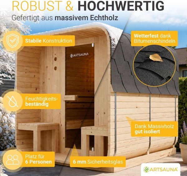 Záhradná sauna cube pre 6 osôb s pecou 8 kW, s posedením