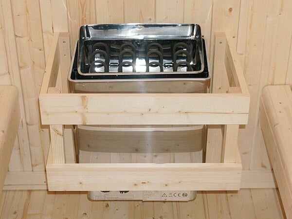 Záhradná sauna cube pre 6 osôb s pecou 8 kW, s posedením