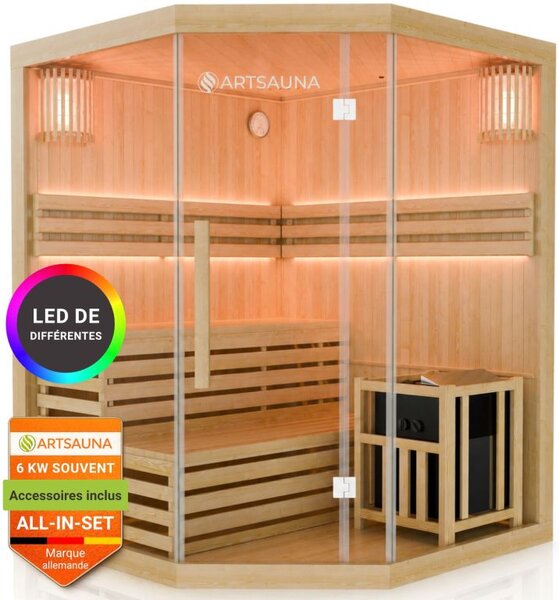 Rohová fínska sauna 150x150 cm 6 kW, LED, bezpečnostné sklo
