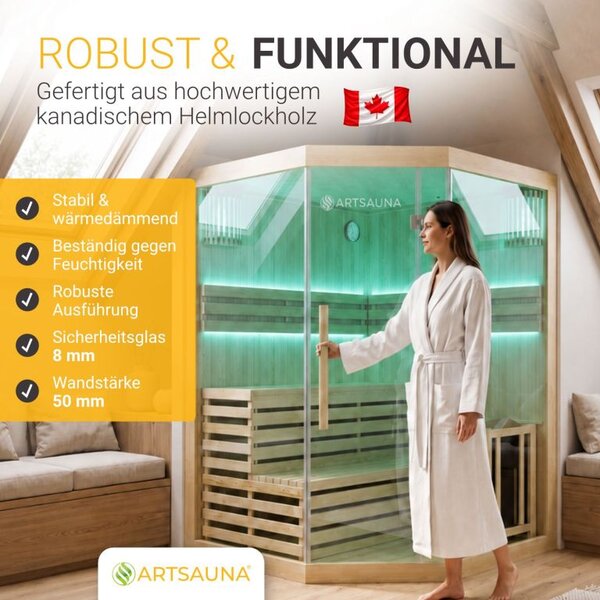 Rohová fínska sauna 150x150 cm 6 kW, LED, bezpečnostné sklo