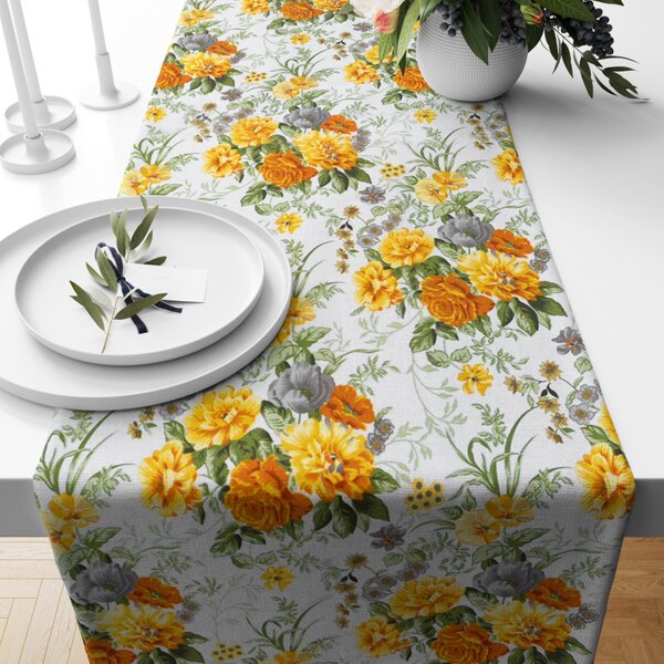 Ervi bavlnený behúň na stôl - žlté a šedé kvety