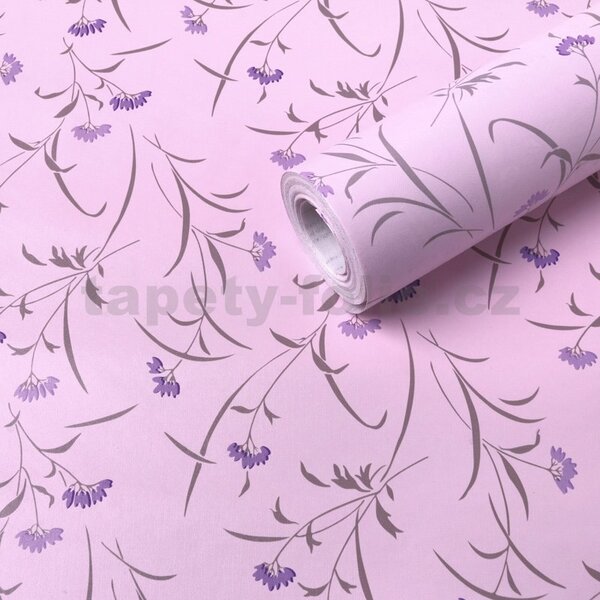 Samolepiace tapety 45 cm x 10 m IMPOL TRADE 9020 fialové kvetiny na ružovom podklade Samolepiace tapety
