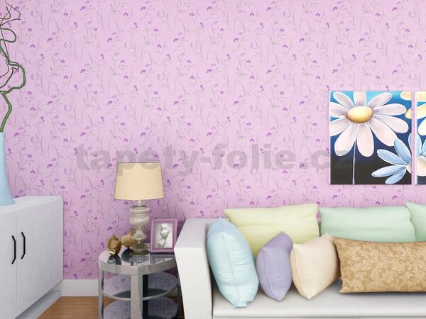 Samolepiace tapety 45 cm x 10 m IMPOL TRADE 9020 fialové kvetiny na ružovom podklade Samolepiace tapety
