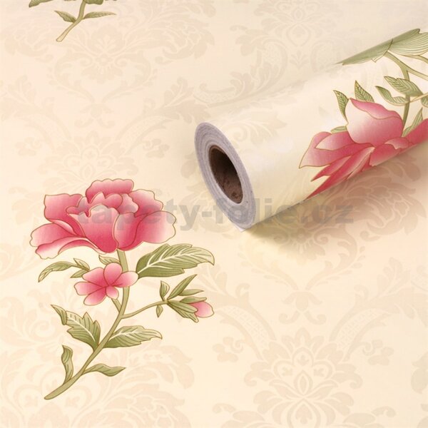 Samolepiace tapety 45 cm x 10 m IMPOL TRADE 9002 ružové kvety na krémovom podklade Samolepiace tapety