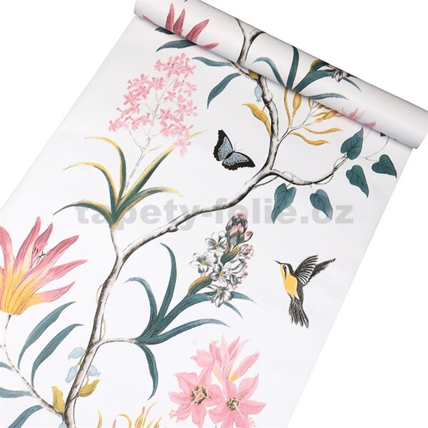 Samolepiace tapety 45 cm x 10 m IMPOL TRADE florálny vzor s vtáky samolepiace tapety