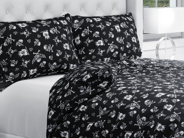 Biante Bavlnené posteľné obliečky Sandra SA-104 Biele pirátske lebky na čiernom Predĺžené 140x220 a 70x90 cm