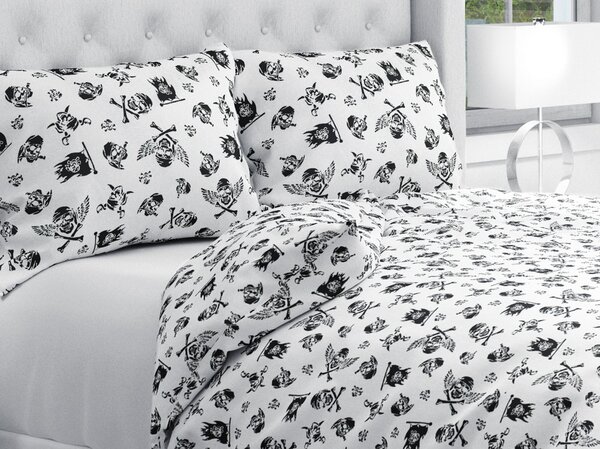 Biante Bavlnené posteľné obliečky Sandra SA-105 Čierne pirátské lebky na bielom Jednolôžko 140x200 a 70x90 cm