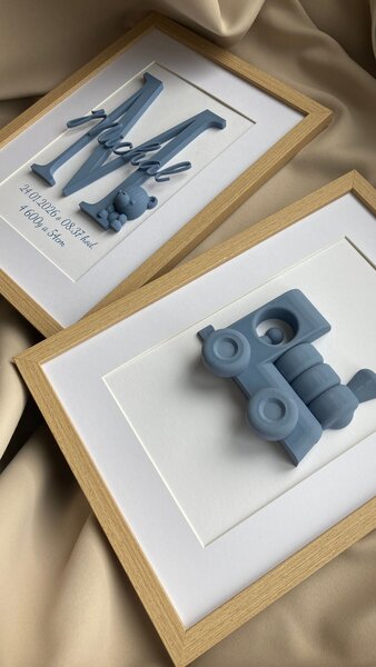 SET 2 personalizovaných 3D obrazov k narodeniu bábätka | Krstný obraz s menom + obraz s motívom | 21×30 cm