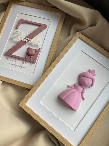 SET 2 personalizovaných 3D obrazov k narodeniu bábätka | Krstný obraz s menom + obraz s motívom | 21×30 cm