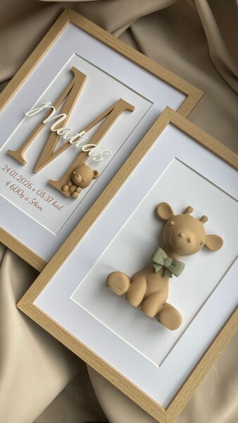 SET 2 personalizovaných 3D obrazov k narodeniu bábätka | Krstný obraz s menom + obraz s motívom | 21×30 cm