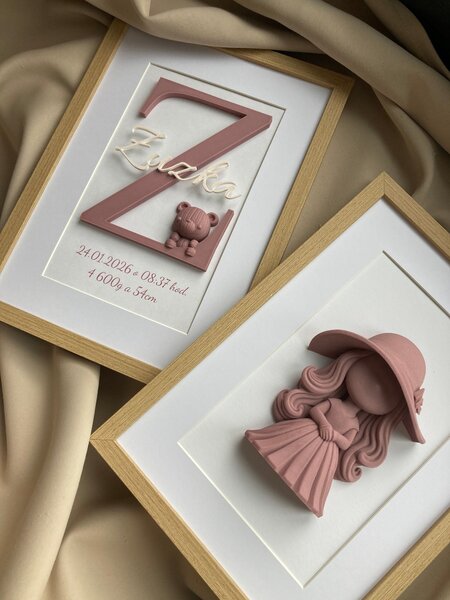 SET 2 personalizovaných 3D obrazov k narodeniu bábätka | Krstný obraz s menom + obraz s motívom | 21×30 cm