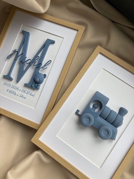 SET 2 personalizovaných 3D obrazov k narodeniu bábätka | Krstný obraz s menom + obraz s motívom | 21×30 cm