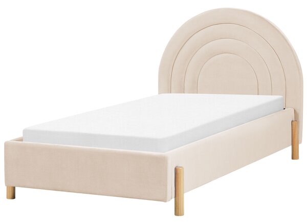 Posteľ béžová zamatová čalúnená 90 x 200 cm minimalistický retro dizajn zaoblené čelo postele