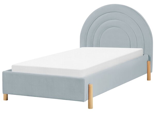 Posteľ svetlomodrá zamatová čalúnená 90 x 200 cm minimalistický retro dizajn zaoblené čelo postele