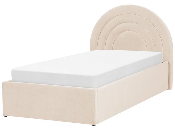 Posteľ s úložným priestorom béžová zamatová čalúnená 90 x 200 cm minimalistický retro dizajn zaoblené čelo postele