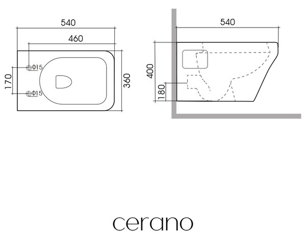 CERANO - závesné WC Dante, Rimless + sedadlo Slim/SoftClose - biela lesklá - 54x36 cm
