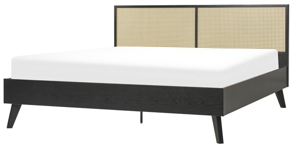 Posteľ čierna svetlé drevo ratanová dvojlôžko 180 x 200 cm MDF rám s roštom minimalistický boho dizajn spálňa