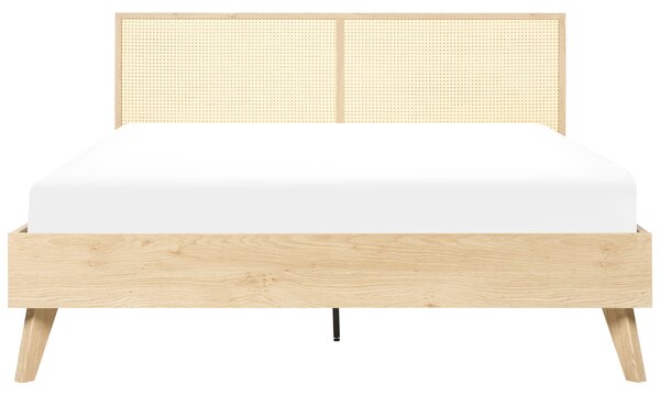Posteľ svetlé drevo 160 x 200 cm ratan drevotrieska s roštom minimalistický boho štýl spálňa