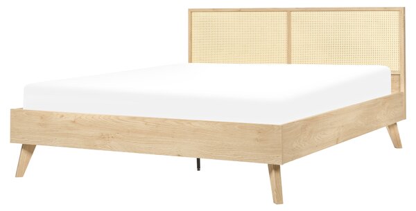 Posteľ svetlé drevo ratanová dvojlôžko 160 x 200 cm MDF rám s roštom minimalistický boho dizajn spálňa
