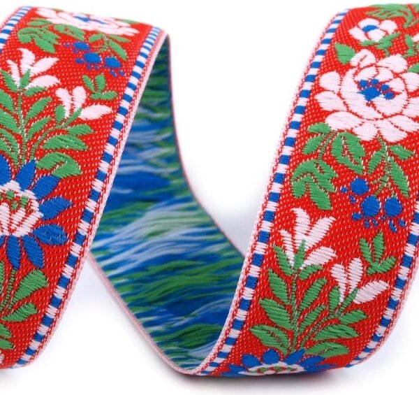 Vzorovka krojová stuha červená kvety 25mm