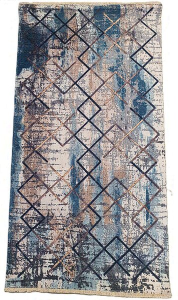 Moderný koberec Banco 1025-MAVI béžovo-modrý so štvorcovým vzorom Rozmer: 60x110 cm