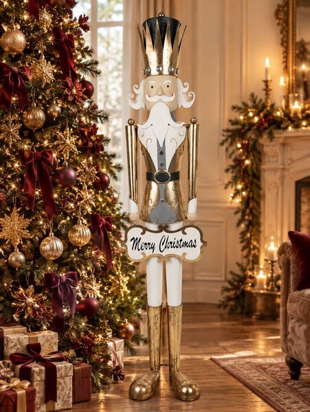 Zlatá kovová dekorácia socha Luskáčik Merry Christmas - 27*28*165 cm - Clayre & Eef