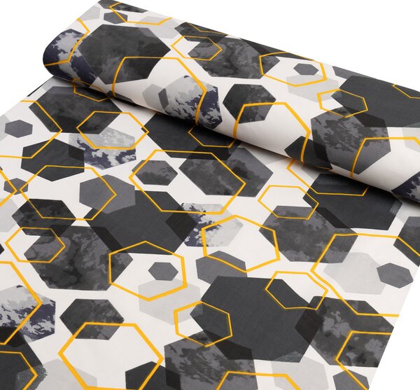 Bavlnená látka/plátno Sandra SA-568 Sivo-modrofialové mramorové hexagóny na bielom - šírka 160 cm