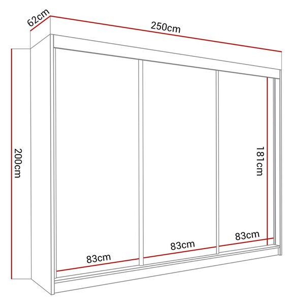 ŠATNÍKOVÁ SKRIŇA S POSUVNÝMI DVERAMI NINA JASEŇ TMAVÝ + ZRKADLO 250 cm