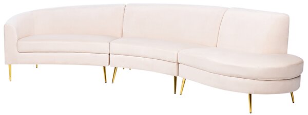 Pohovka svetlobéžová zamat zlaté kovové nohy polkruhový tvar pre 4 osoby retro glamour štýl obývacia izba