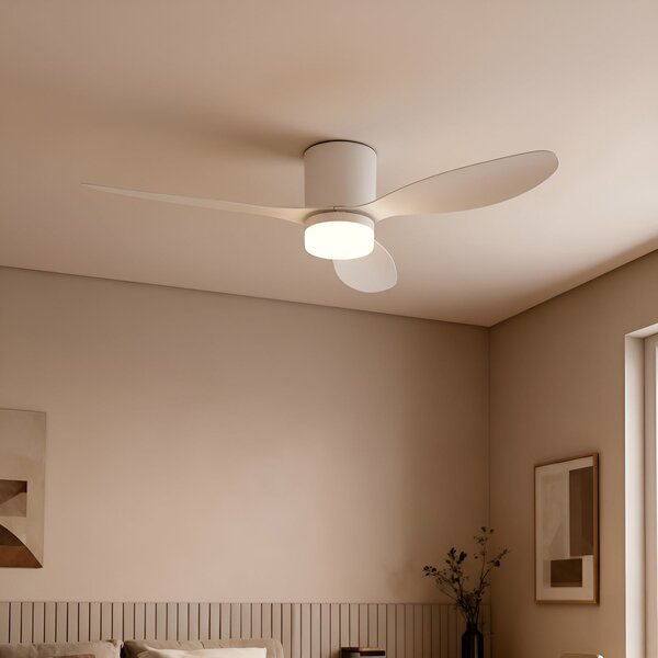 Stropný ventilátor Kayu s LED osvetlením, biely, DC, tichý, Ø 132 cm – Lucande Lucande, Kayu, Biela, Obývacia izba, Plast, Moderný